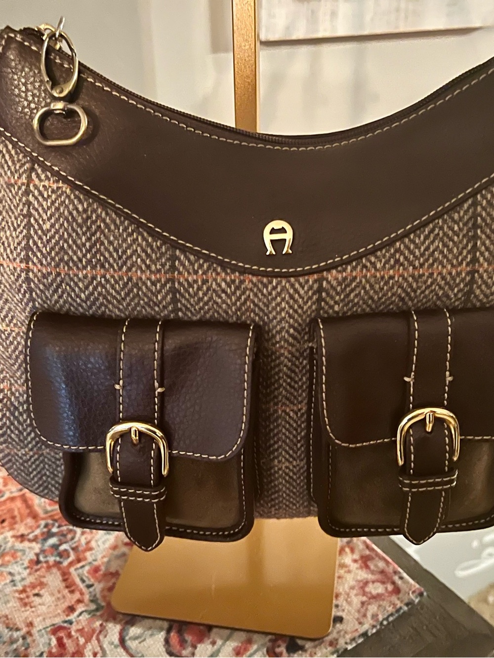 VINTAGE 1975 Etienne Aigner Brown Leather & Tweed Hobo Shoulder Bag STUNNING!
